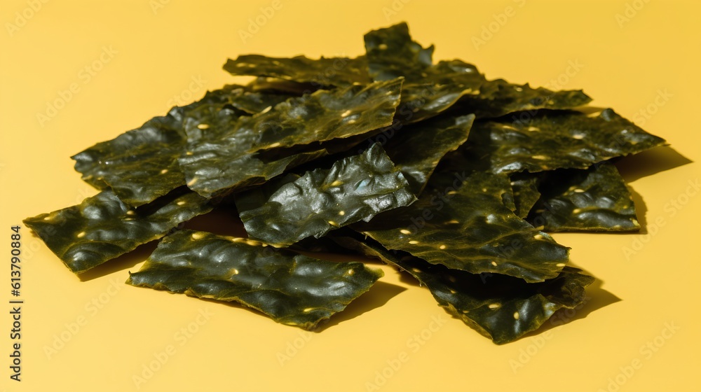 Seaweed snacks, a popular healthy treat rich in nutrients. The unique texture and deep green color o