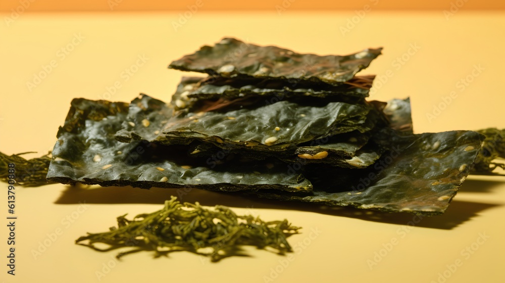 Seaweed snacks, a popular healthy treat rich in nutrients. The unique texture and deep green color o