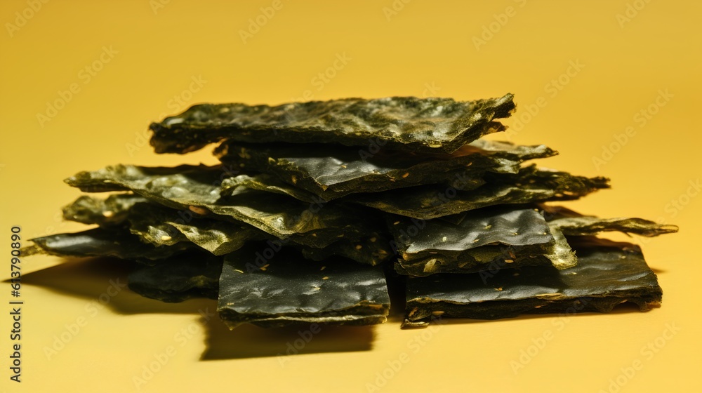 Seaweed snacks, a popular healthy treat rich in nutrients. The unique texture and deep green color o