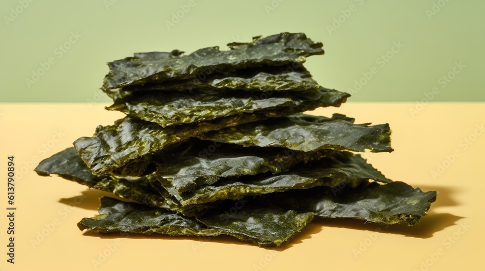 Seaweed snacks, a popular healthy treat rich in nutrients. The unique texture and deep green color o