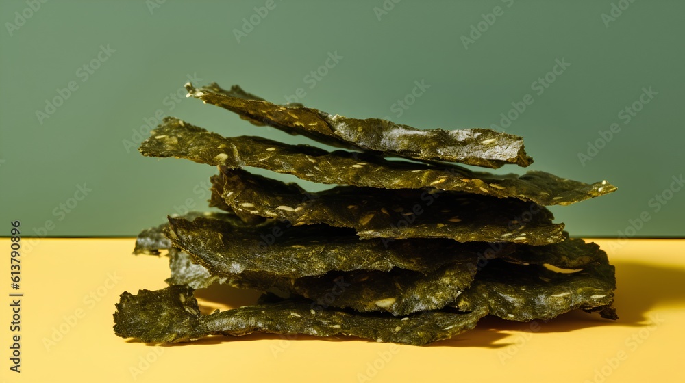 Seaweed snacks, a popular healthy treat rich in nutrients. The unique texture and deep green color o