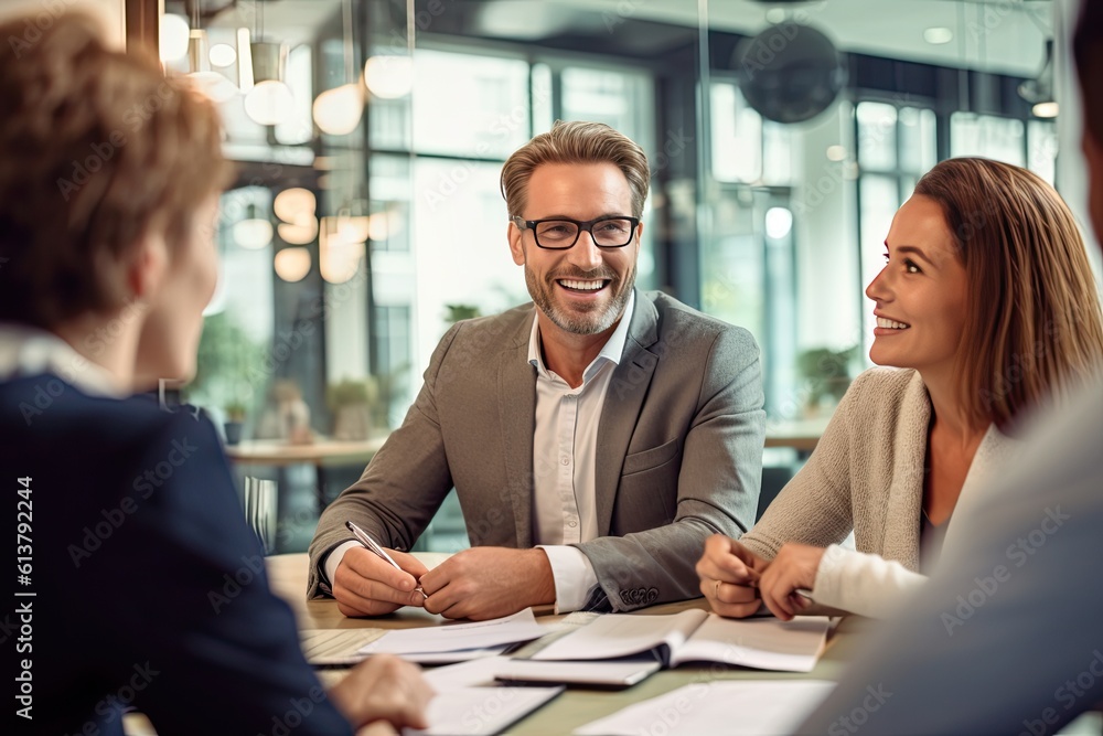 A businessman or financial advisor meeting with clients in an office, discussing finances, mortgages