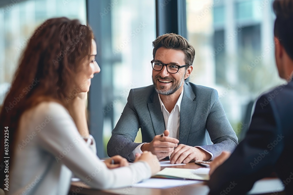 A businessman or financial advisor meeting with clients in an office, discussing finances, mortgages