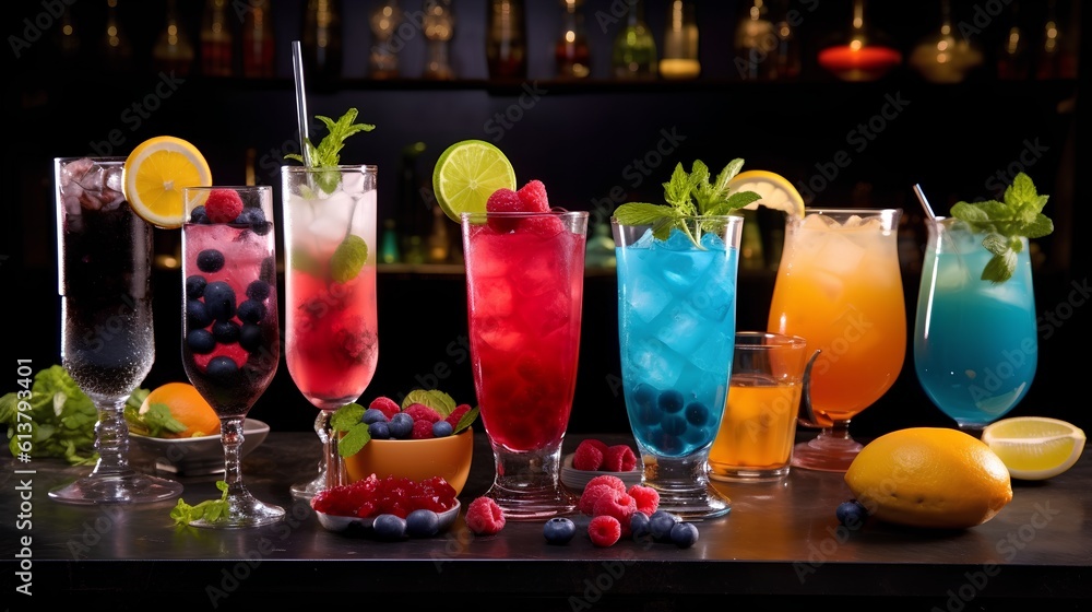 Selection of colorful mocktails. Non-alcoholic beverages, designed to mimic the flavors and presenta