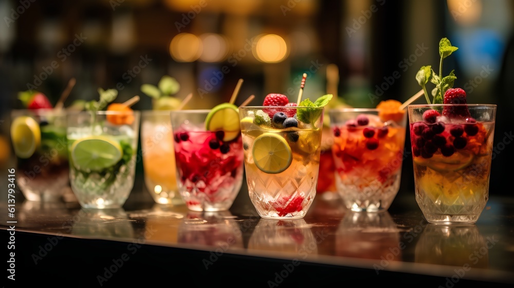 Selection of colorful mocktails. Non-alcoholic beverages, designed to mimic the flavors and presenta