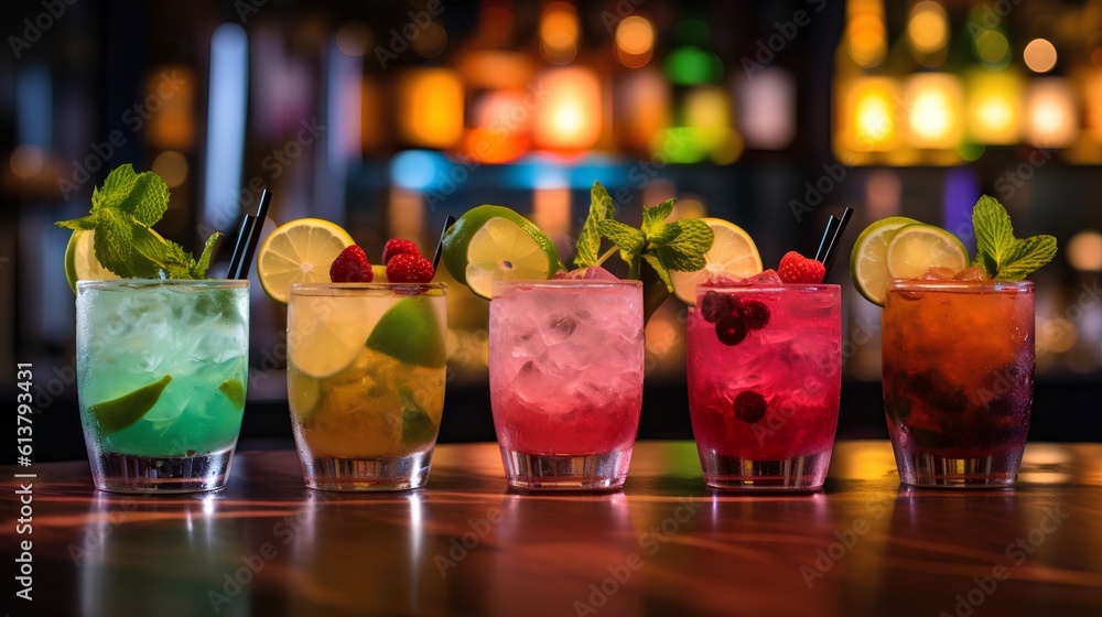 Selection of colorful mocktails. Non-alcoholic beverages, designed to mimic the flavors and presenta