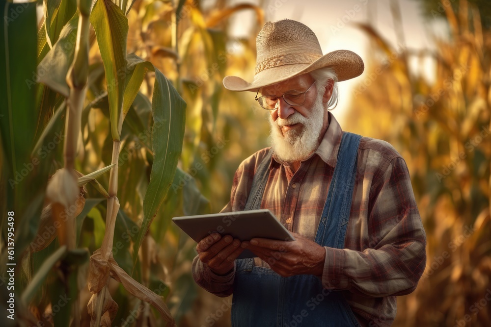 Old farmer in a corn field using a digital tablet to review harvest and crop performance, Concept ap