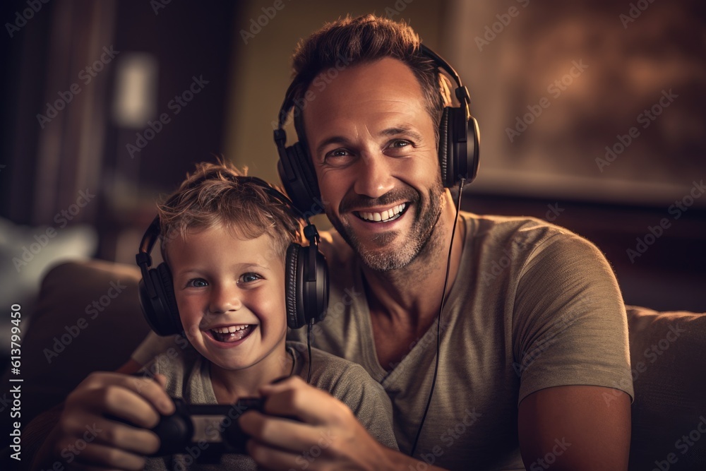 Happy father and son playing video games, sharing fun, love, and togetherness. Generative Ai