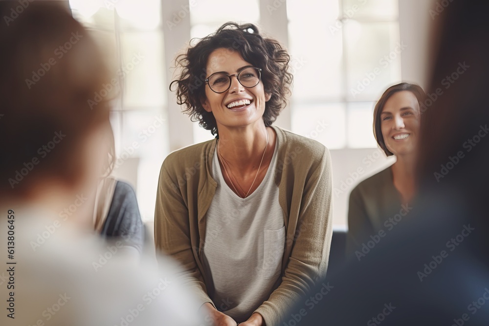 A Professional therapist woman conducting a candid group session, showing genuine compassion and a c