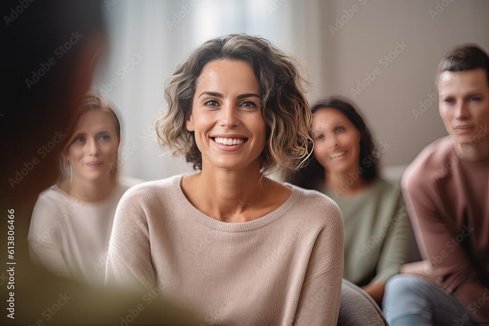 A Professional therapist woman conducting a candid group session, showing genuine compassion and a c