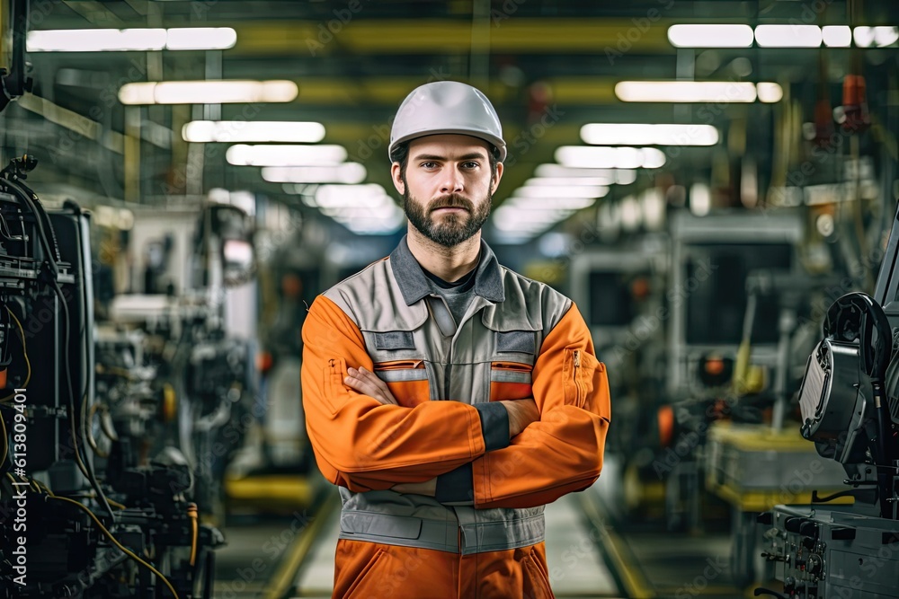 A male worker wear a protective uniform skillfully operating high-tech machinery in a modern automot