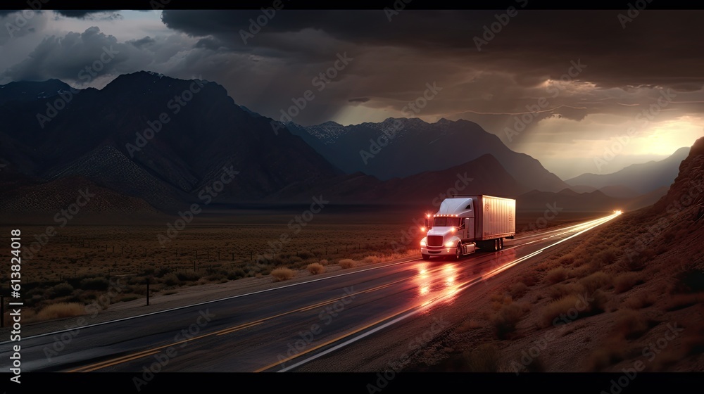 A transport semi-truck effortlessly crossing the expansive terrain, a representation of logistics, f