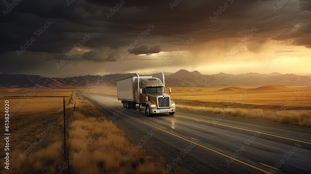 A transport semi-truck effortlessly crossing the expansive terrain, a representation of logistics, f