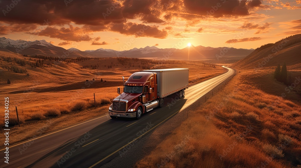 A transport semi-truck effortlessly crossing the expansive terrain, a representation of logistics, f