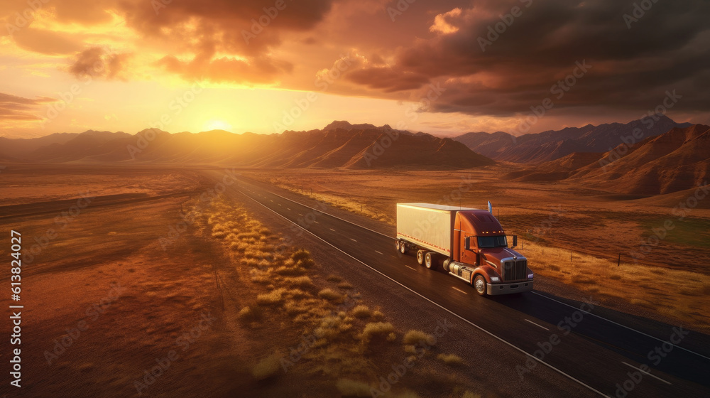 A transport semi-truck effortlessly crossing the expansive terrain, a representation of logistics, f