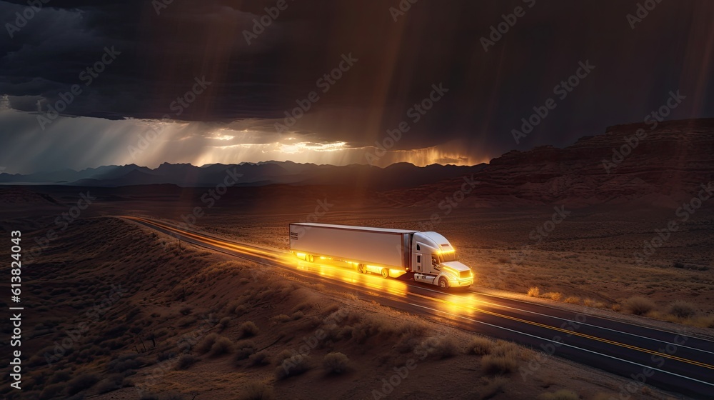 A transport semi-truck effortlessly crossing the expansive terrain, a representation of logistics, f