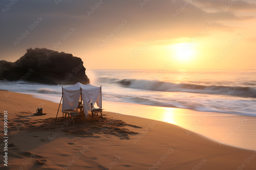 A tent developing in the wind on the seashore in the sunset