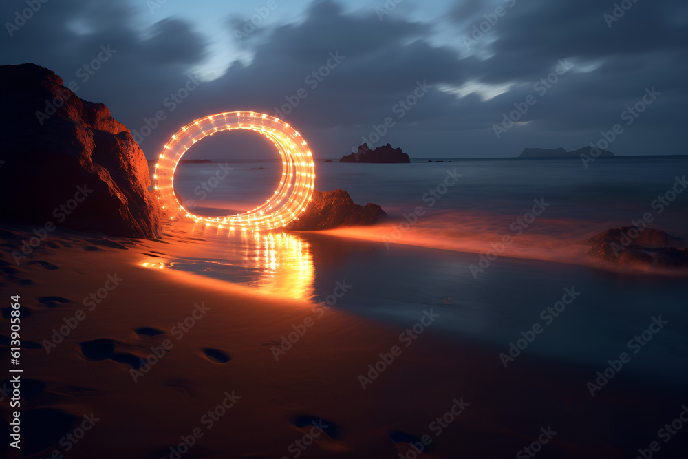 Bright kinetic light ring on a rocky beach at dusk