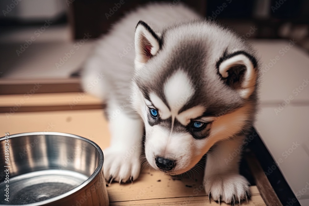 cute husky puppy staring at a bowl of water with blue eyes. Generative AI