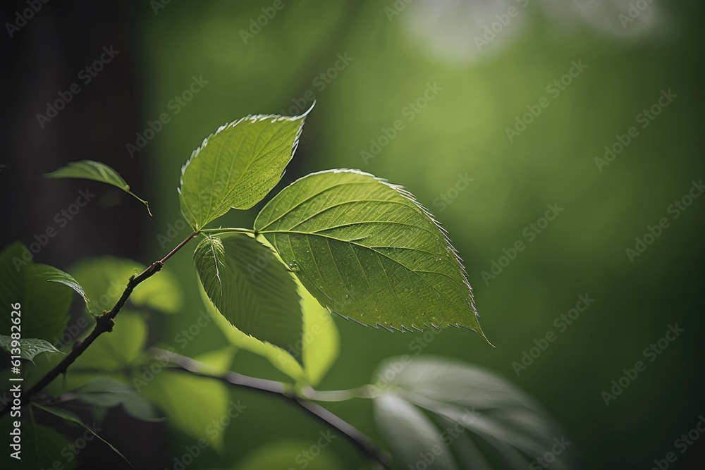 vibrant green leaf on a tree branch. Generative AI