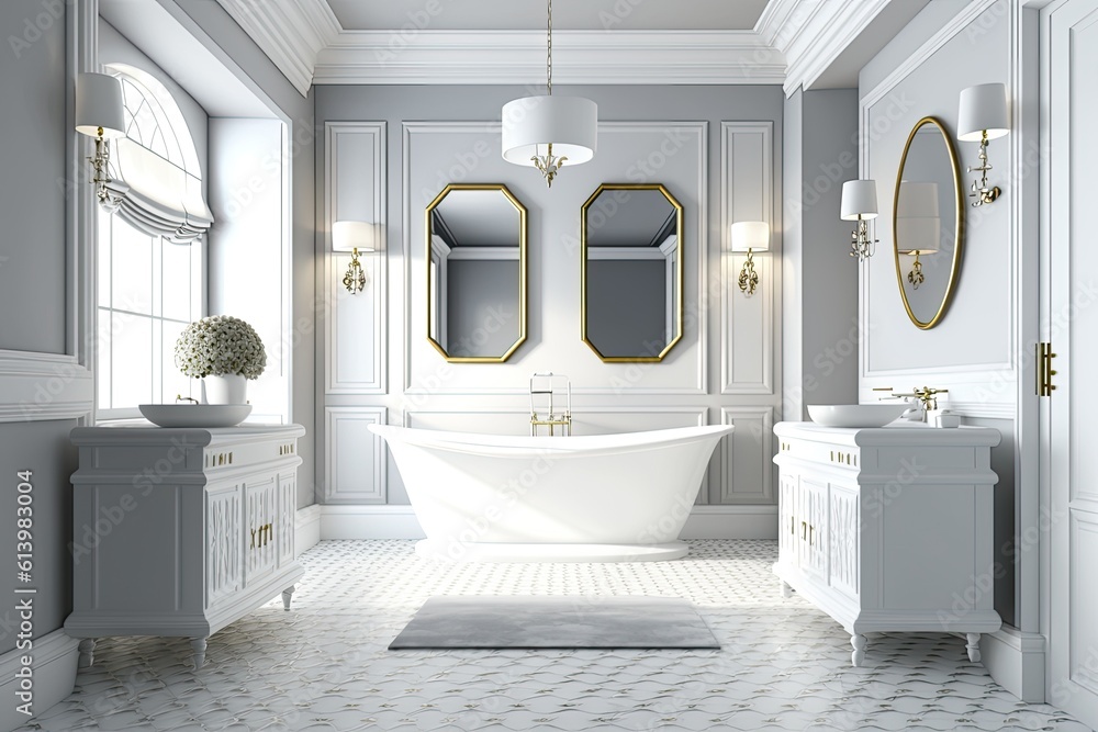 modern bathroom featuring a spacious bathtub and dual sinks. Generative AI