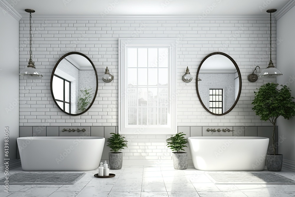 luxurious bathroom with double sinks and twin bathtubs. Generative AI