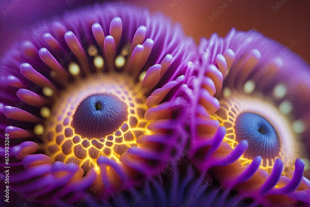 vibrant purple and yellow flower up close. Generative AI