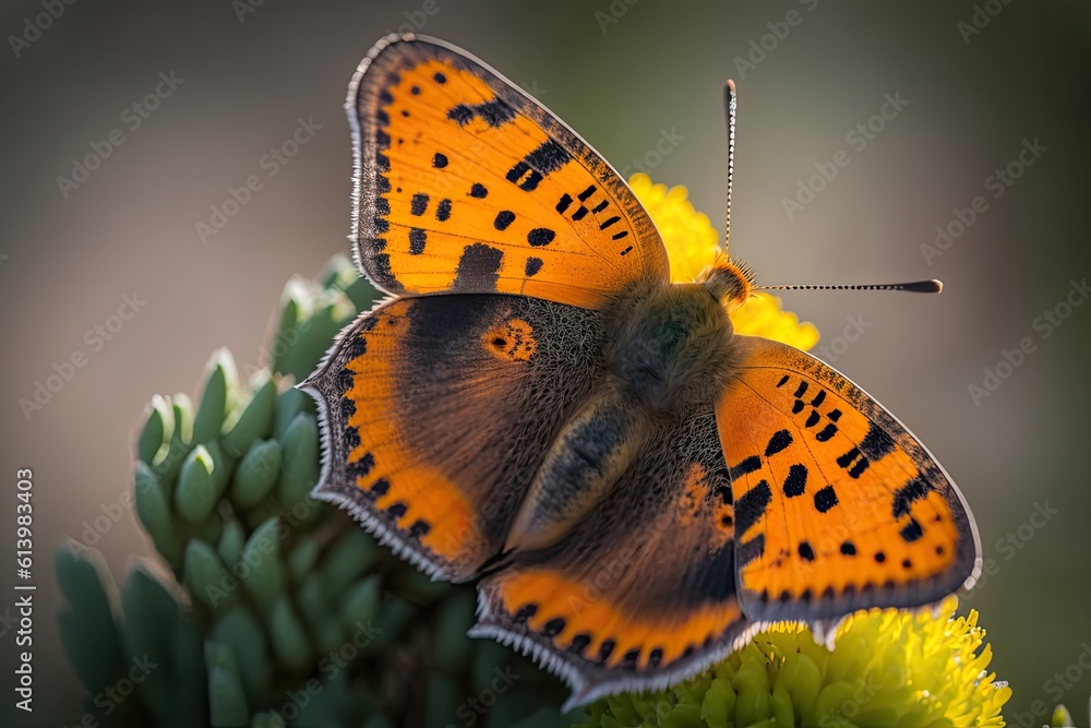 butterfly perched on a vibrant flower in extreme close-up. Generative AI