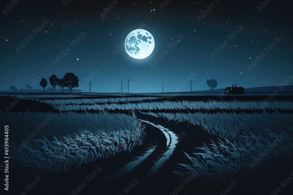 serene night landscape with a bright full moon shining above. Generative AI