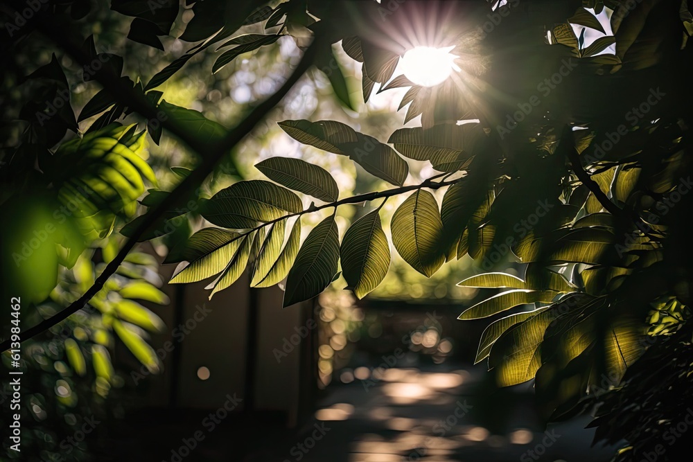 sun rays filtering through green foliage of a tree. Generative AI