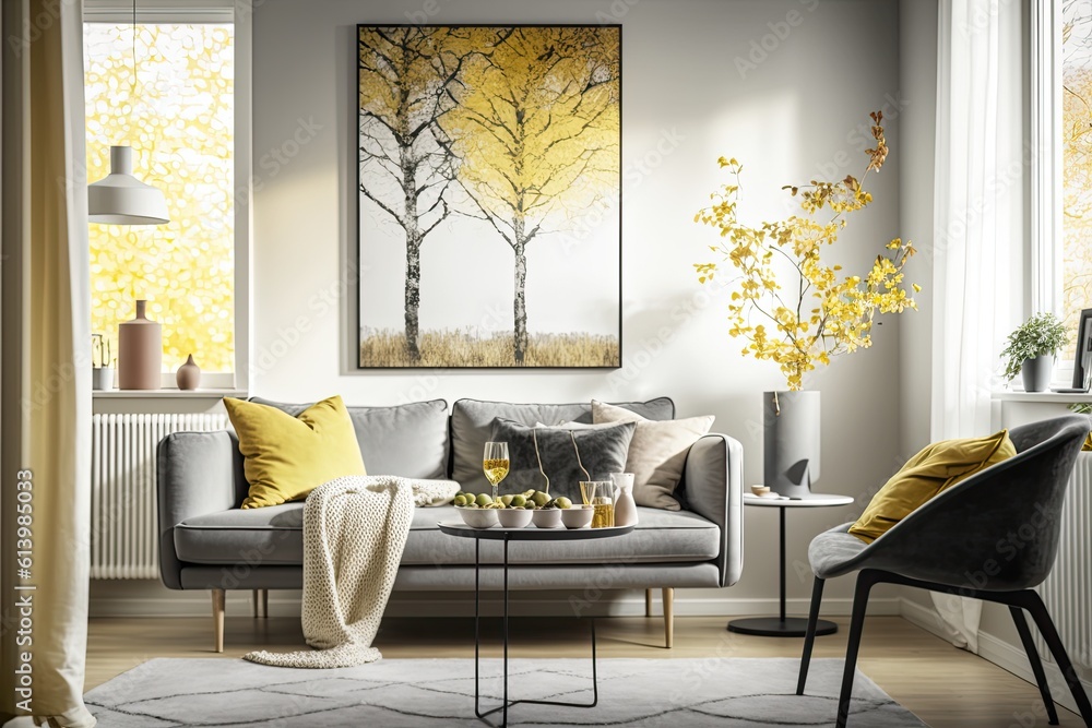 cozy living room with stylish furniture and a captivating painting on the wall. Generative AI