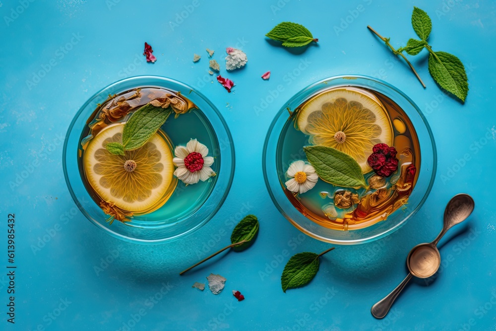 two cups of tea with lemon and mint garnish. Generative AI