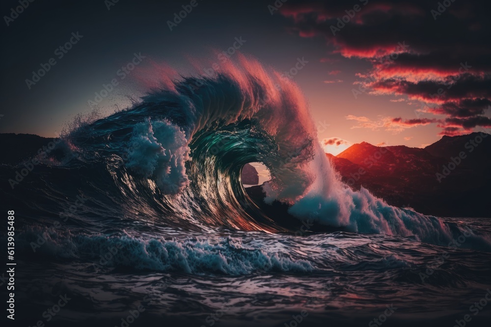 majestic sunset wave crashing into the ocean. Generative AI