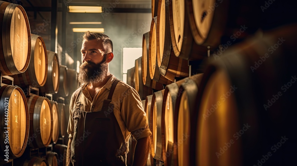 A brewer working and inspects oak barrels for fermentation in the brewery. generative ai