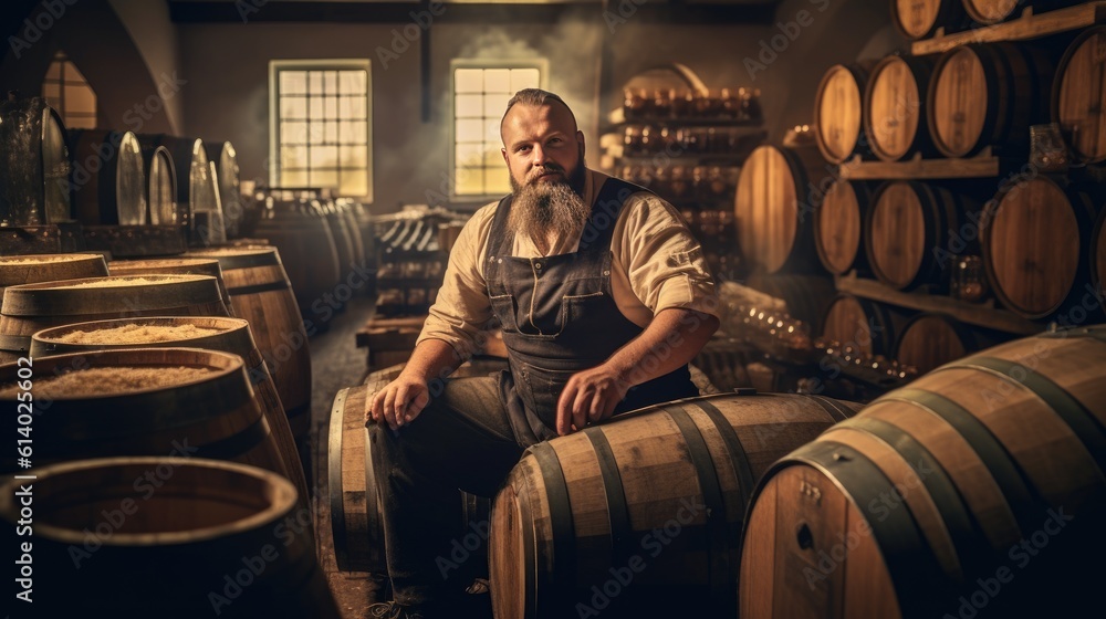 A brewer working and inspects oak barrels for fermentation in the brewery. generative ai