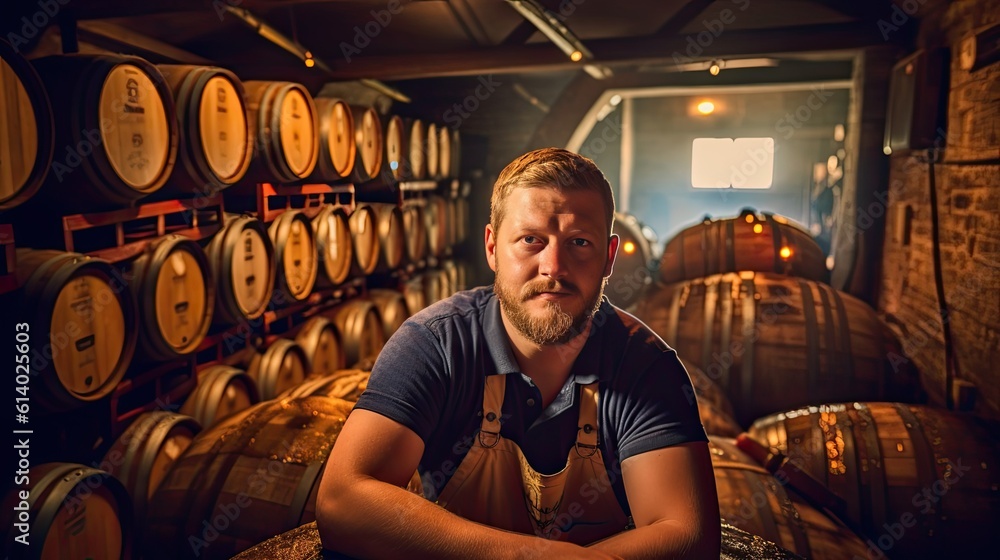 A brewer working and inspects oak barrels for fermentation in the brewery. generative ai