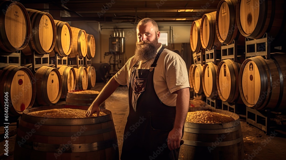 A brewer working and inspects oak barrels for fermentation in the brewery. generative ai