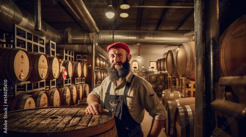 A brewer working and inspects oak barrels for fermentation in the brewery. generative ai