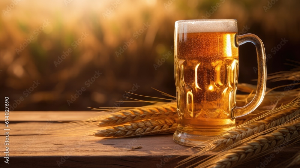 Beer Mug with on wooden floor, wheat field background. Generative AI