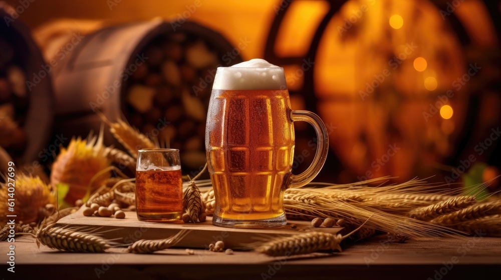 Beer Mug with wheat and hops in the brewery. oak barrel background. Generative AI