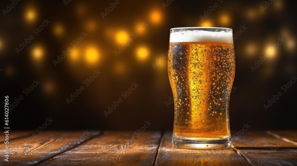 Fresh cold beer on wooden floor on gold background . Generative AI