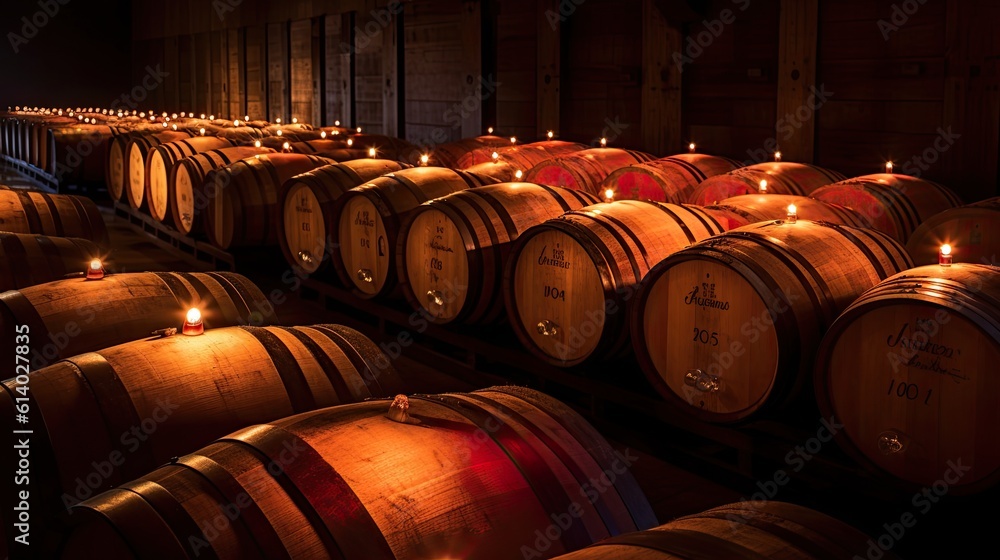 Oak barrels for beer fermentation in breweries. generative ai