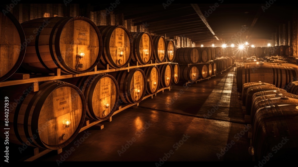 Oak barrels for beer fermentation in breweries. generative ai