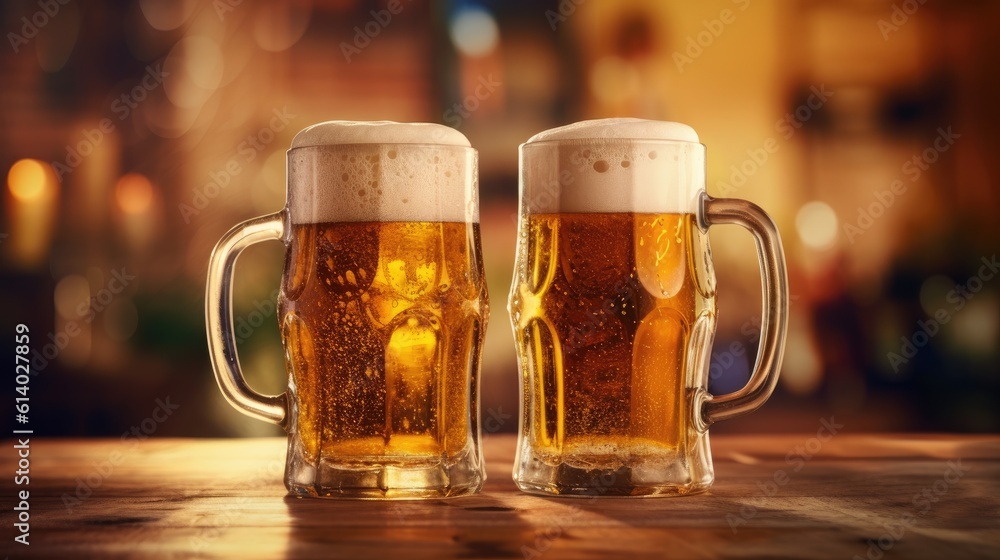 Two beer mugs of fresh and cold beer on brewery background. Generative AI