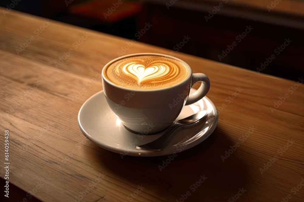 Cup of coffee latte with heart shape and coffee beans on old wooden background. Generative ai