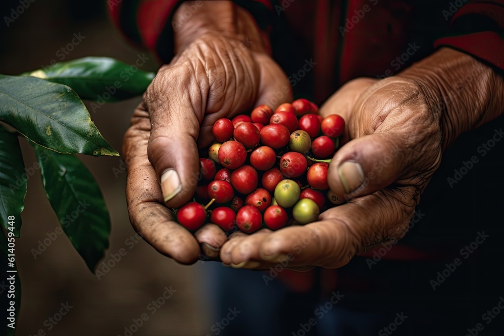 Arabica coffee berries wrapped in the hands of a farmer at a coffee plantation. Generative ai