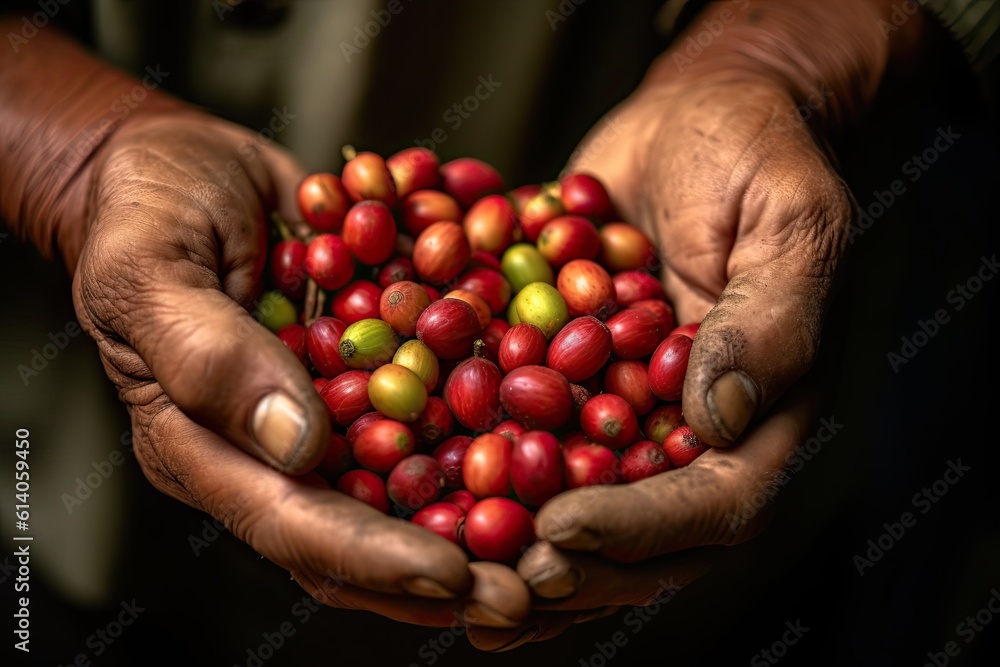 Arabica coffee berries wrapped in the hands of a farmer at a coffee plantation. Generative ai