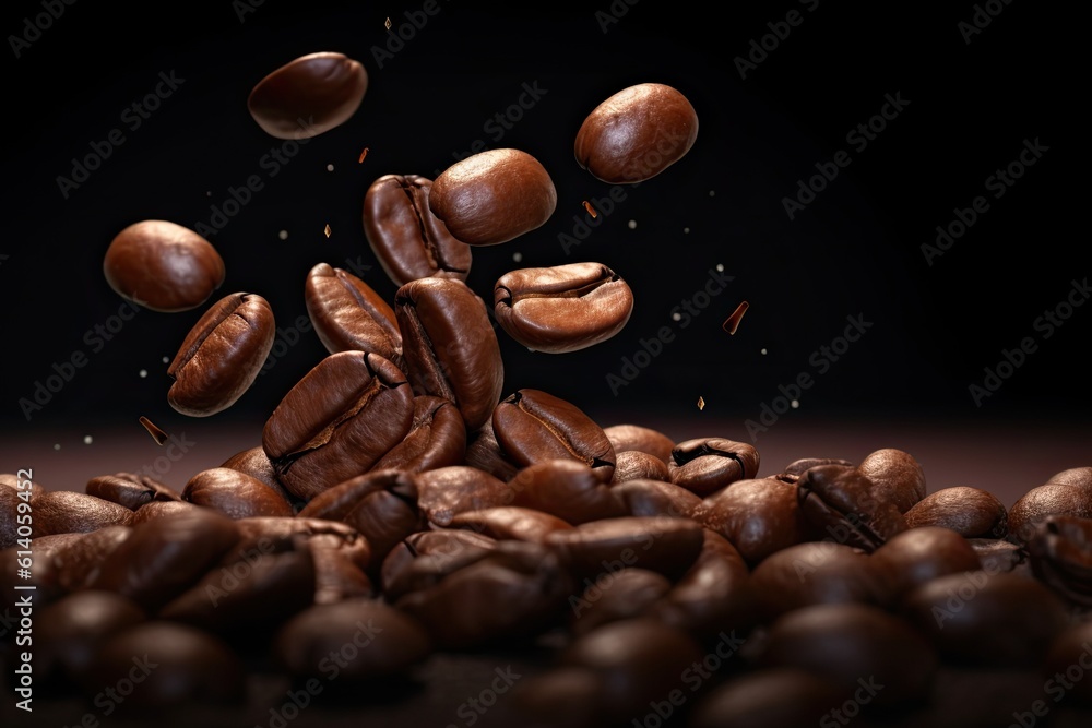 Close-up of Flying coffee beans on dark background. Generative ai