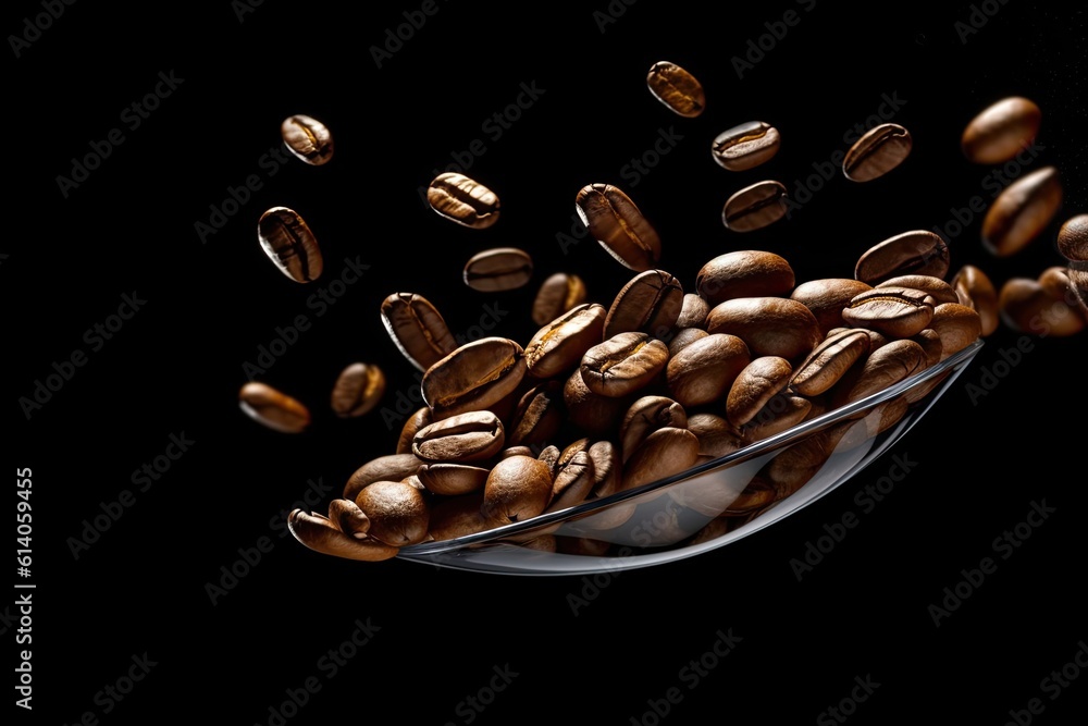 Close-up of Flying coffee beans on dark background. Generative ai