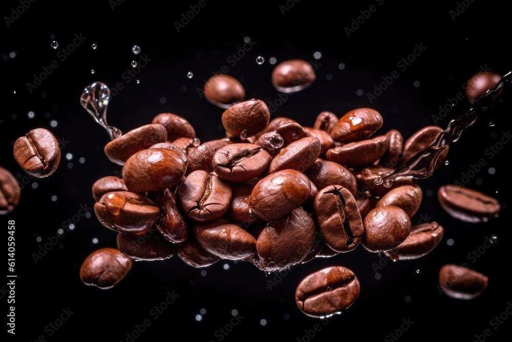 Close-up of Flying coffee beans on dark background. Generative ai